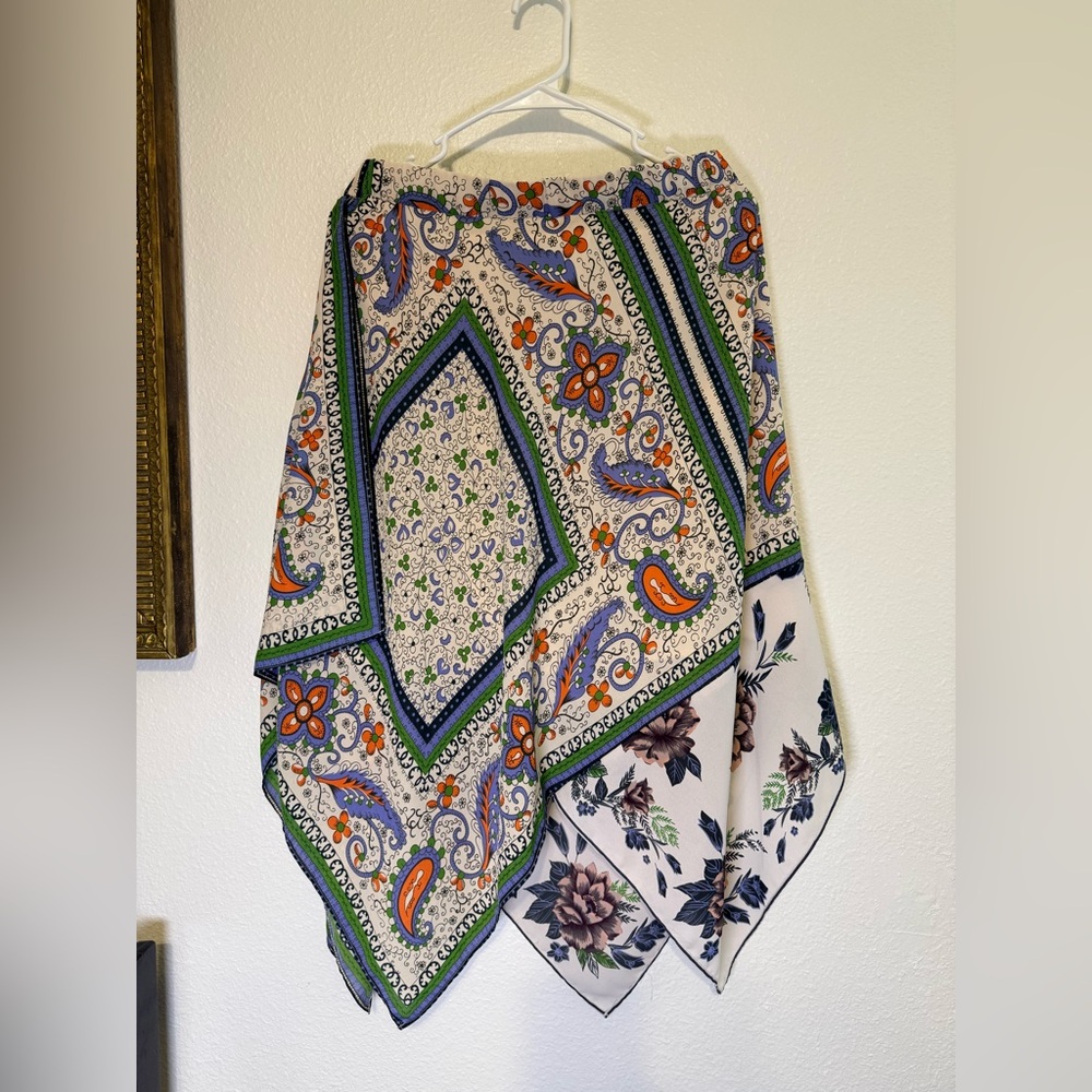 Anthropologie Maeve Asymmetrical Skirt in Blue, Orange, and Green size 4